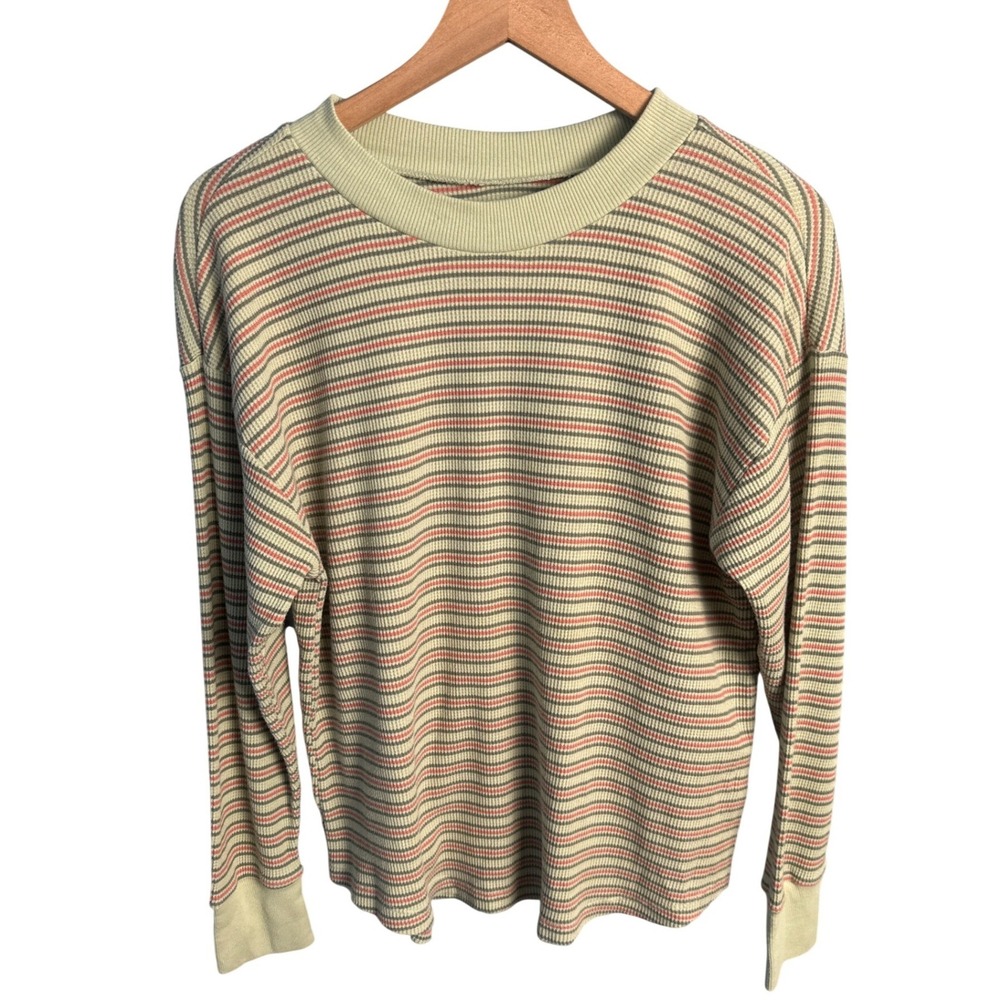 Sonoma Goods For Life Striped Waffle Knit Thermal Top Green Coral Grey Large